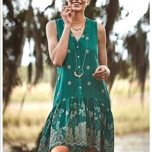 Anthropology green embroidered dress. A steal!!